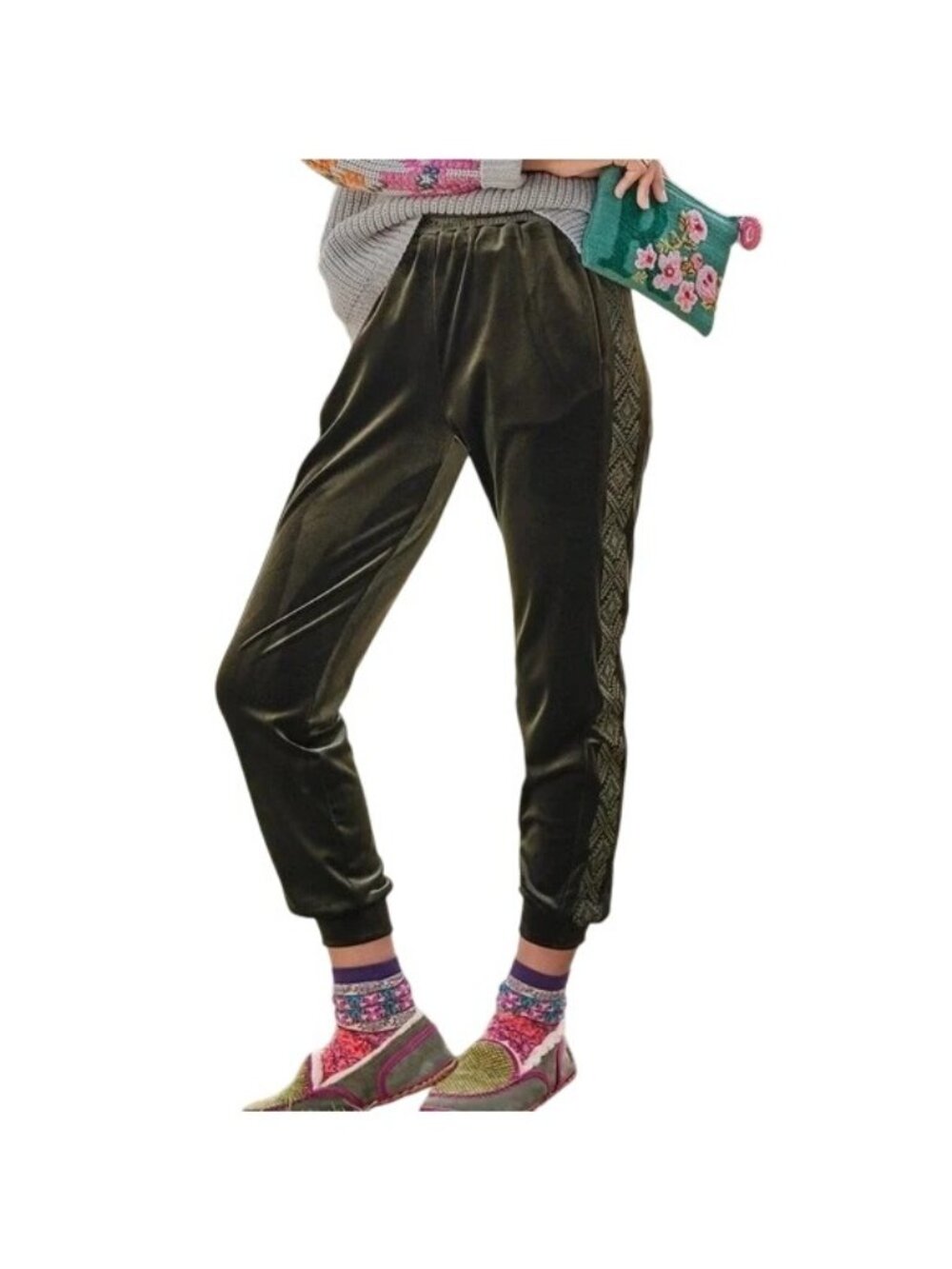 Driftwood Pants Medium Davey Embroidered Velvet Jogger Green Polyester Blend